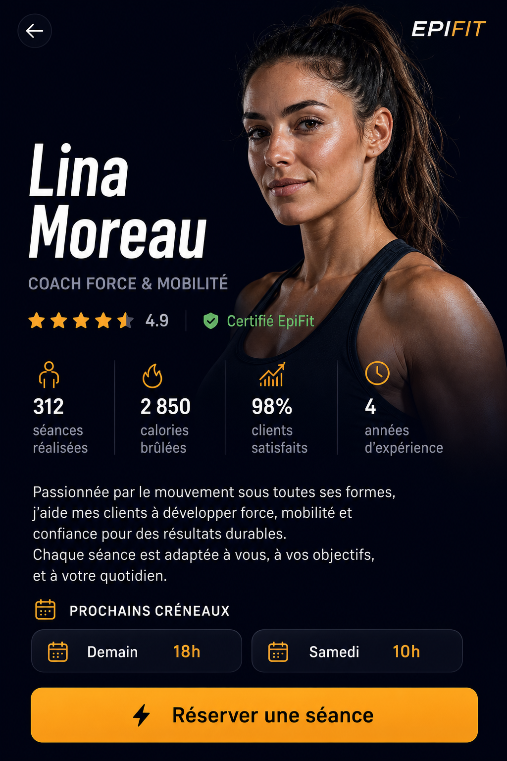 Vue coach EpiFit — fiche et séances